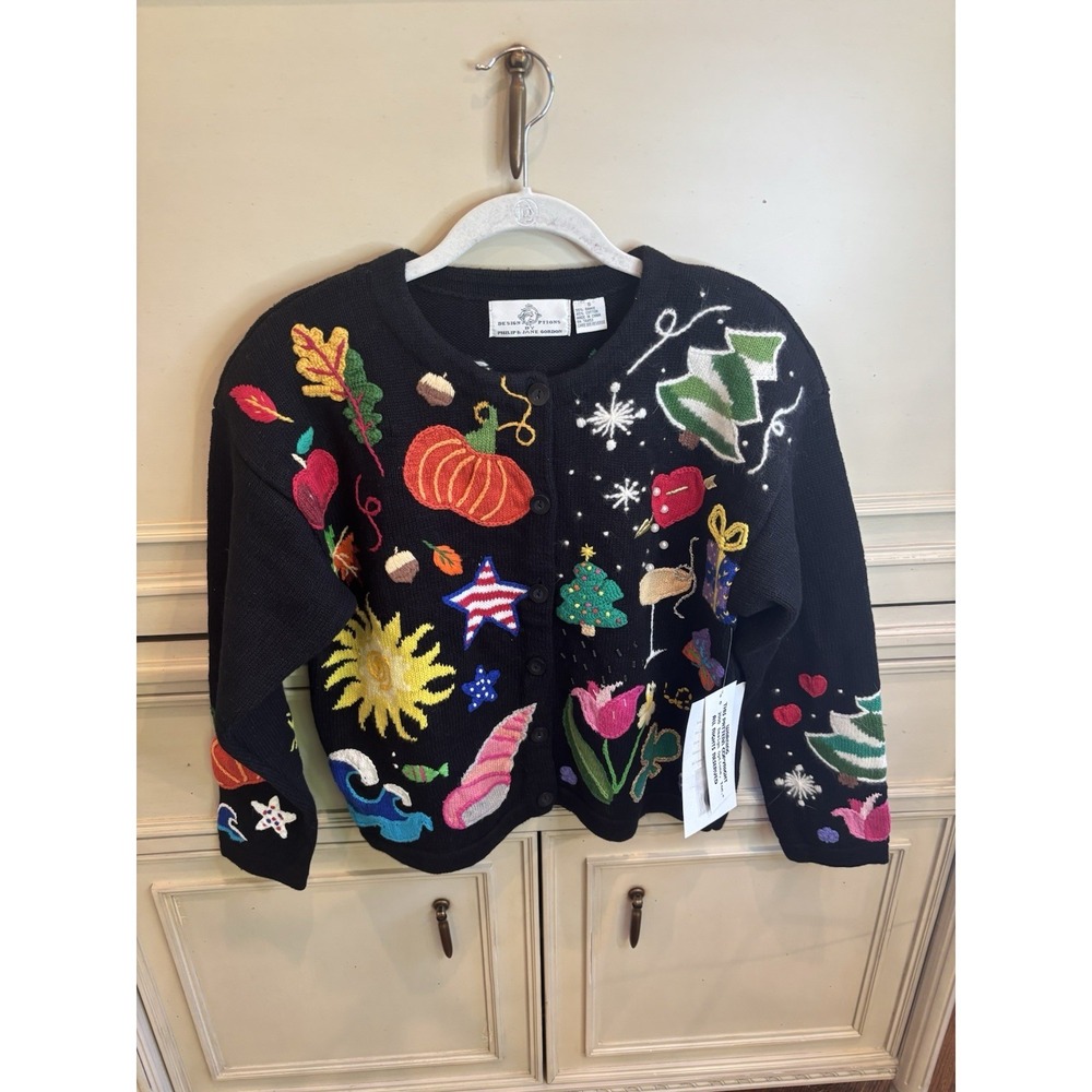 Design Options Black Button Up Holiday Cardigan Embroidery Cotton Small NWT